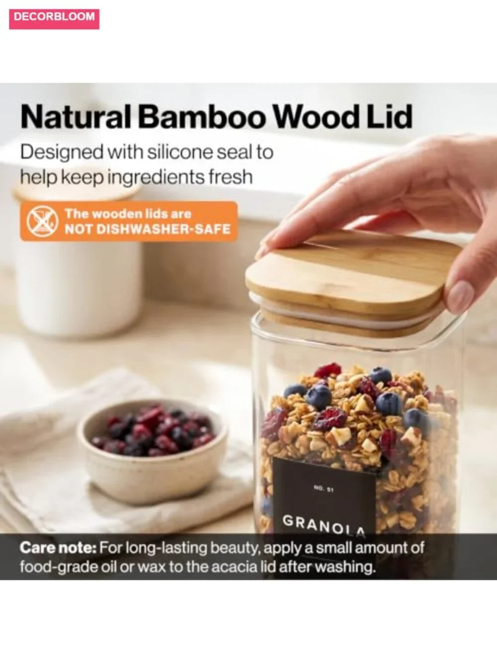 Set of 5 Glass Food Storage Containers with Bamboo Lids & Black Labels